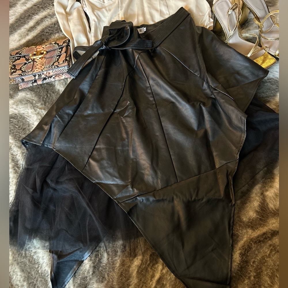 Souk & Sepia Faux Leather and Taffeta Assymetrical Skirt